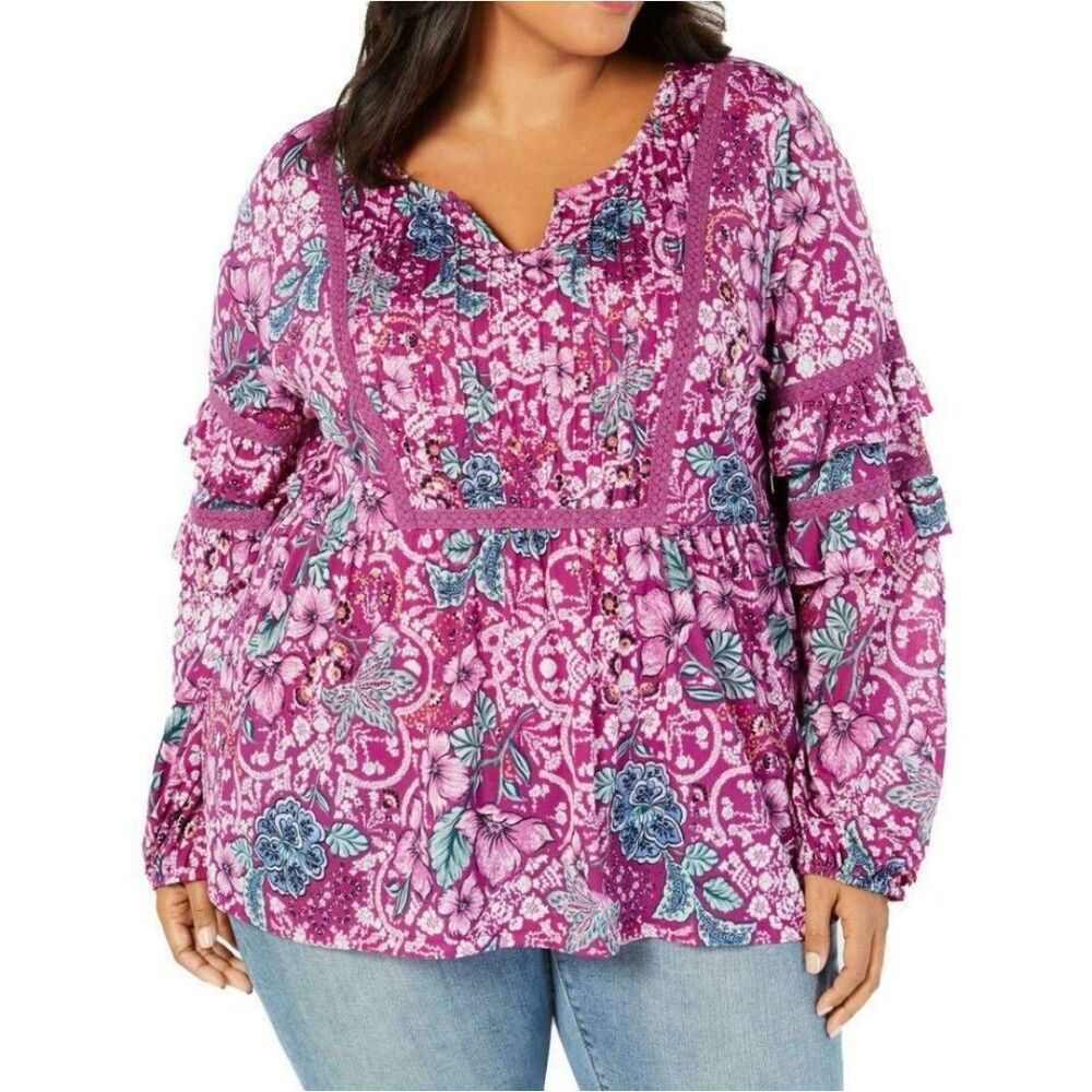 Style & Co. Purple Floral Ruffle Sleeve Baby Doll Blouse Plus Size 1X NWT